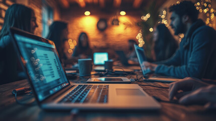 A team of young professionals collaborates on a project using laptops in a dimly lit, warm-toned, rustic-style cafe or coworking space late at night.