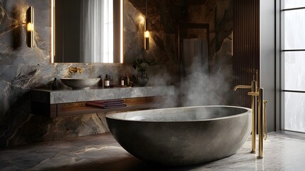 Elegant bathroom with a stone tub, marble walls, gold fixtures, and steam rising from the water, lit by sconces and a mirror.