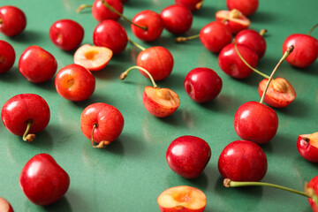 Many sweet cherries on green background