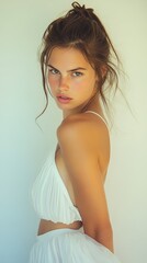 Fototapeta premium Portrait of a young woman with freckles wearing white attire against a clean white backdrop