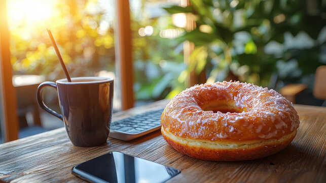 A delicious glazed donut sits on a rustic wooden table next to a mug of coffee a smartphone and a calculator suggesting a sweet work break outdoors. - Powered by Adobe