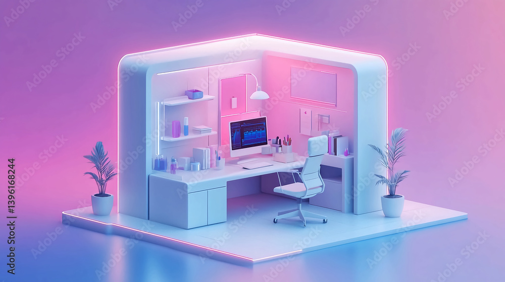 Poster modern home office setup with computer desk and chair in pastel color scheme for remote work design