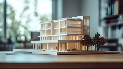 A smart corporate building concept model with energy-efficient features, sitting on a wooden table in a design studio