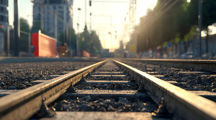 Urban Train Tracks At Sunrise In A Busy City