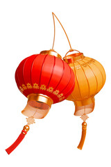 Red and Yellow Chinese Lanterns. Asian traditional paper lanterns with tassel. Hanging Chinese lamp for holiday decoration. 3d illustration © Pagina