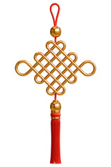 Chinese Lucky Charm. Asian traditional pendant with gold knot and red silk tassel. Hanging decoration, mascot or amulet. 3d illustration