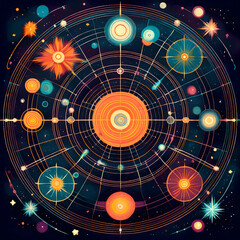 Celestial Array: Abstract Solar System with Geometric Grid and Cosmic Orbs.
