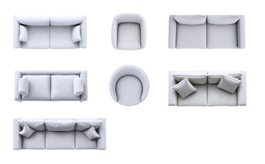 Set of light gray furniture made of different materials. Fabric sofas and armchairs, top view and front view. Isolated on transparent background