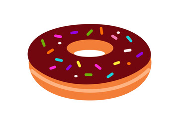 Chocolate donut with colorful sprinkles illustration in flat design style. Sweet pastry with vibrant rainbow jimmies on dark brown frosting. Perfect for food packaging, bakery branding dessert content
