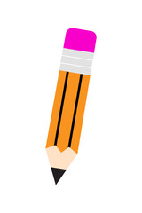 Cartoon pencil illustration with bright pink eraser. Minimalist flat design school supply in yellow-orange with black stripe details. Perfect for education, back to school, creativity themes