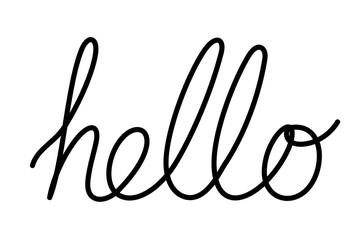 Simple handwritten "hello" text in minimalist black script on white background. Modern calligraphy greeting word in casual cursive style. Clean monochrome typography perfect for social media, branding