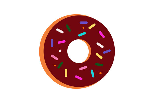 Chocolate donut with colorful sprinkles illustration in flat design style. Vector graphic of a sweet pastry with vibrant rainbow jimmies on dark brown frosting. Perfect for food packaging, bakery bran