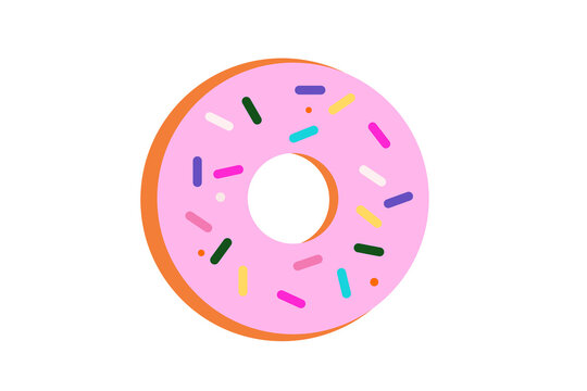 Pink strawberry donut with colorful sprinkles in flat design style. Doughnut with orange base and rainbow jimmies on simple white background. Fun vector illustration for bakery, food, and dessert post