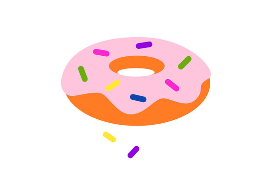 Pink strawberry donut with colorful sprinkles in flat design style. Doughnut with orange base and rainbow jimmies on simple white background. Fun vector illustration for bakery, food, and dessert post