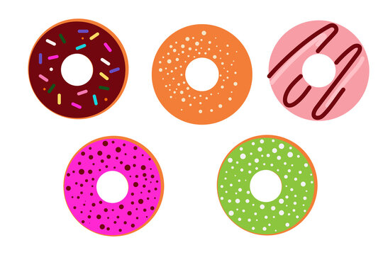 Colorful donut collection in flat design style. Set of five assorted donuts with different toppings - chocolate with sprinkles, strawberry with drizzle, pink with dots. Bakery graphics, food. PNG