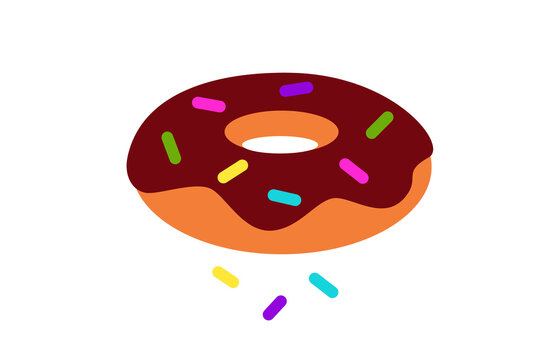 Chocolate donut with colorful sprinkles illustration in flat design style. Sweet pastry with vibrant rainbow jimmies on dark brown frosting. Perfect for food packaging, bakery branding dessert content