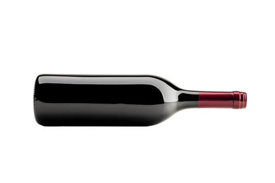 Horizontal view of a dark glass wine bottle with red cap detail on transparent background