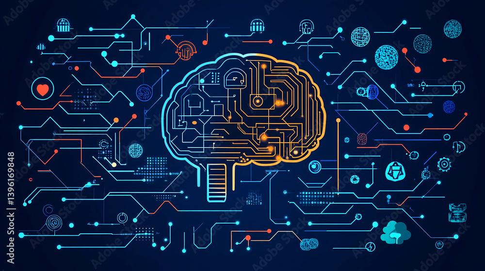 Poster artificial intelligence brain circuit board technology neural network ai deep learning concept art