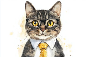 Naklejka premium Cute cat. Glasses and tie. Hand painted. Watercolor illustration on white background