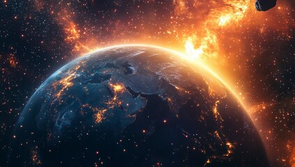 Obraz premium Earth From Space View with City Lights and Galaxy Background