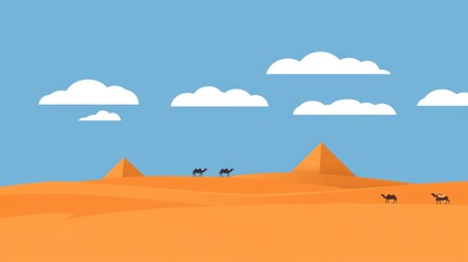 Desert pyramids, camels travel, sunny sky,  illustration, travel brochure