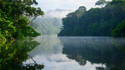 Tranquil lake surrounded by dense forests with early morning mist evoking peace and stillness perfect for meditation relaxation and wellness focused campaigns