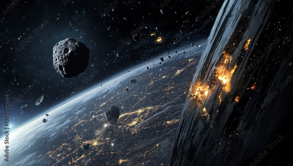 Poster asteroid field orbiting a planet with city lights from space view