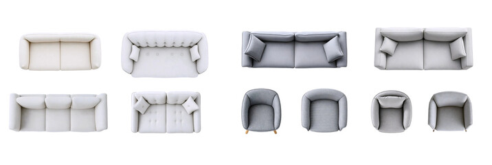 Set of white and gray furniture made of different materials. Fabric sofas and armchairs, top view and front view. Isolated on transparent background