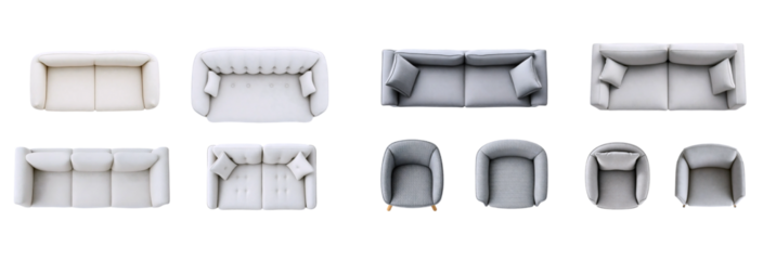 Set of white and gray furniture made of different materials. Fabric sofas and armchairs, top view and front view. Isolated on transparent background
