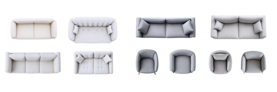 Set of white and gray furniture made of different materials. Fabric sofas and armchairs, top view and front view. Isolated on transparent background