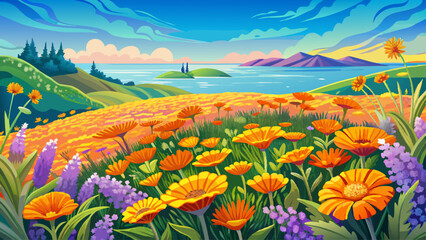 Fototapeta premium Field of bloomed Pot Marigold (Calendula officinalis) and Lavender flowers on a seascape background with a small distant island. Dillon's Park flora,