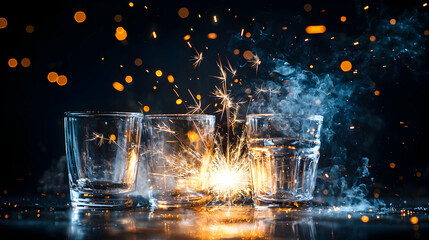 Fototapeta premium Sparkling Glasses And Fireworks In A Dramatic Lighting Setting