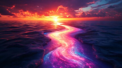 Fototapeta premium A serene yet electrifying horizon where liquid light flows like water, forming rivers of shifting iridescence, mirroring an unseen universe,