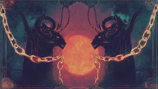 The devil tarot card, a shadowy cosmic entity with glowing chains binding two astral beings, symbolizing temptation and material illusions. Arcane Chains. Illustration
