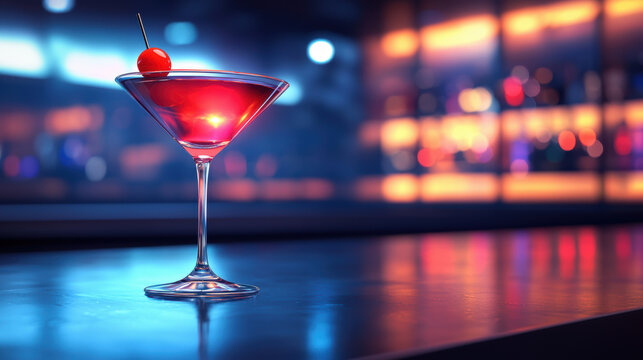 A vibrant red cocktail garnished with a cherry sits on a sleek bar top in a dimly lit lounge with a blurred background of liquor bottles.