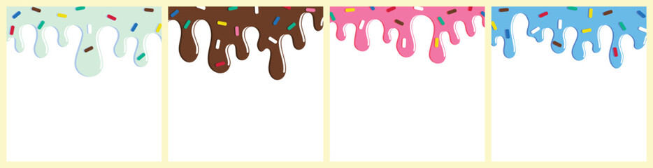 set of dripping delicious pink, blue and chocolate doughnut vector seamless glaze. Sweet dessert background illustration