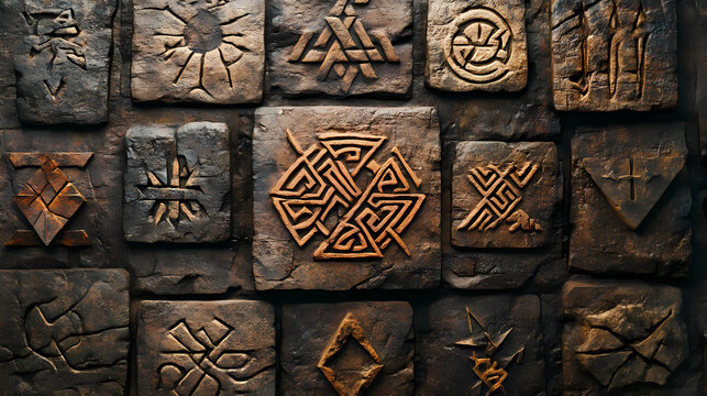 A detailed collection of ancient norse symbols, including runes, yggdrasil, and valknut, engraved on aged stone surfaces. Runic Nexus. Illustration