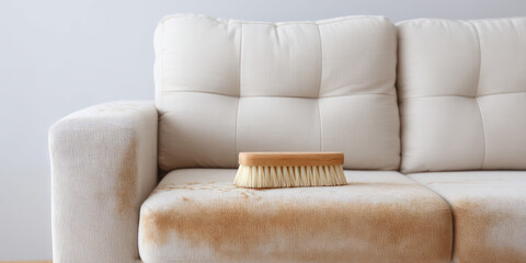 A dirty stain on the fabric upholstery of an upholstered sofa and a cleaning brush. How to clean a stubborn stain on upholstered furniture