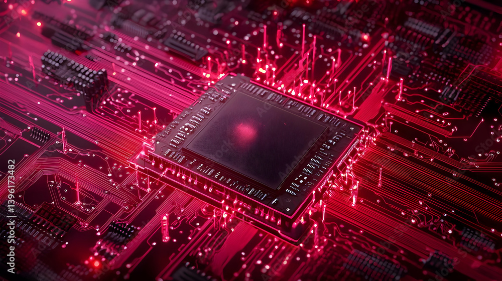 Poster close up view of glowing red circuit board with processor