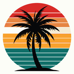 Retro vintage t shirt design tropical summer sunset silhouette of a palm tree on a sandy beach island