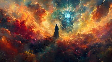 Surreal artistic vision of a mournful divine presence interwoven with transcendent emotion, human vulnerability, and a vibrant cosmic tapestry of reflective sorrow