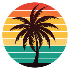 Retro vintage t shirt design tropical summer sunset silhouette of a palm tree on a sandy beach island
