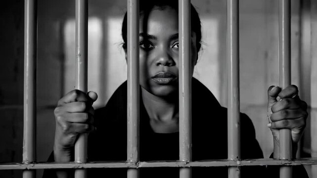 Black and white portrait of a serious woman behind bars in jail