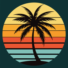 Retro vintage t shirt design tropical summer sunset silhouette of a palm tree on a sandy beach island