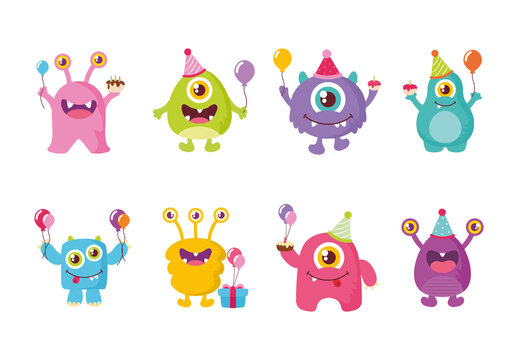 Purple And Yellow Cute Birthday Monsters Illustration Set