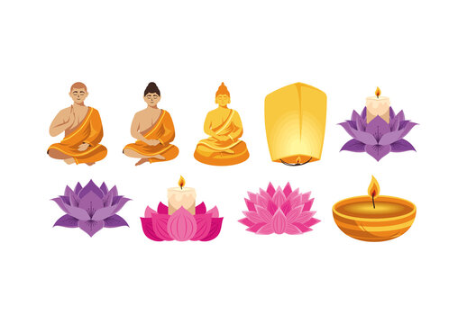 Orange And Yellow Peaceful Buddhism Illustration Set
