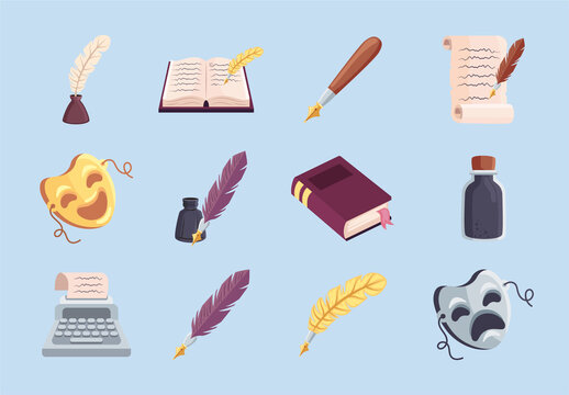 Colorful Literary Objects And Theater Illustration Set