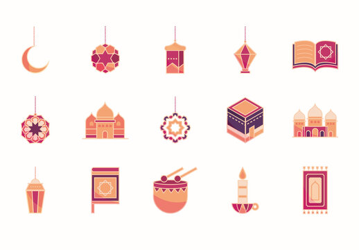 Pink And Orange Geometric Islamic Architecture Icons Set