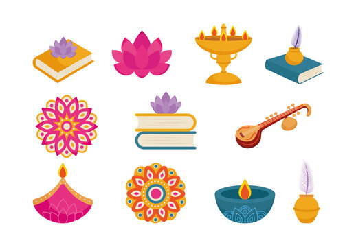 Colorful Traditional Vasant Panchami Festival Icons Set