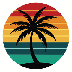 Retro vintage t shirt design tropical summer sunset silhouette of a palm tree on a sandy beach island
